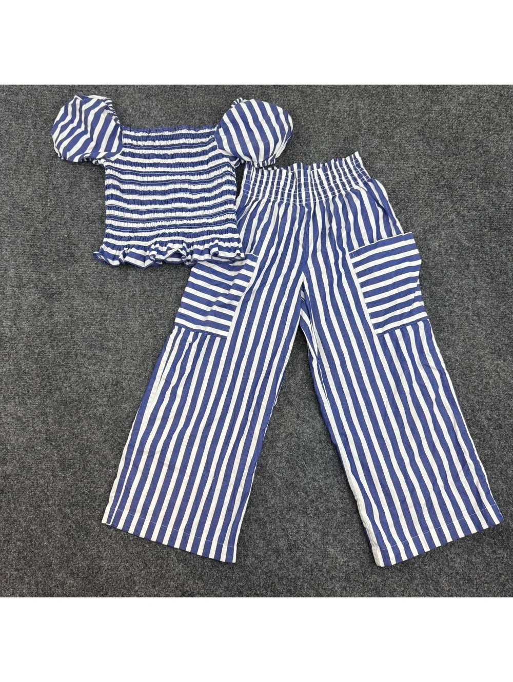 Polo Ralph Lauren Girls 7 Blue Stripe Smocked Top Wide Leg Pants Outfit Set